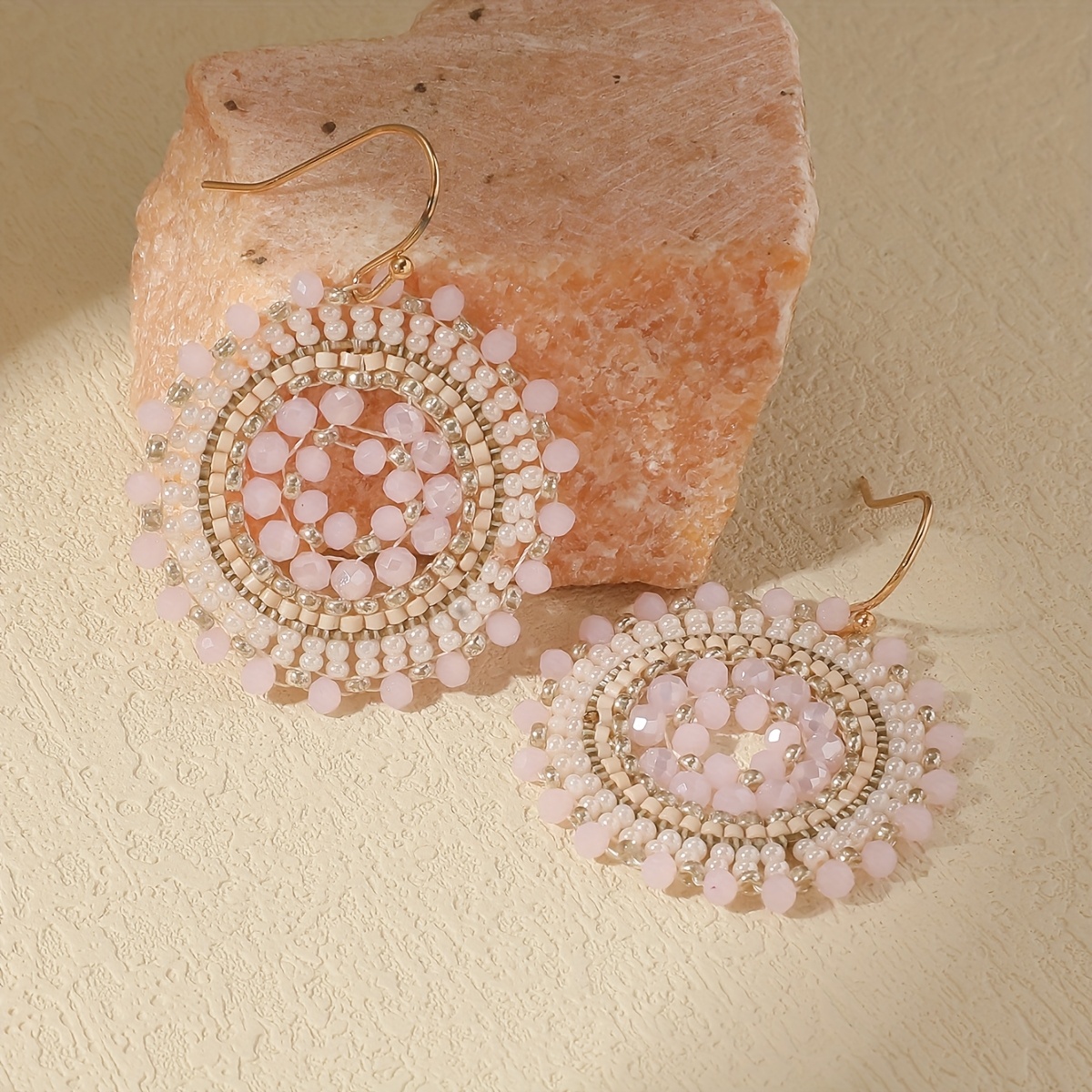 Women's Handmade Bohemian Rose-Colored Bead Round Earrings